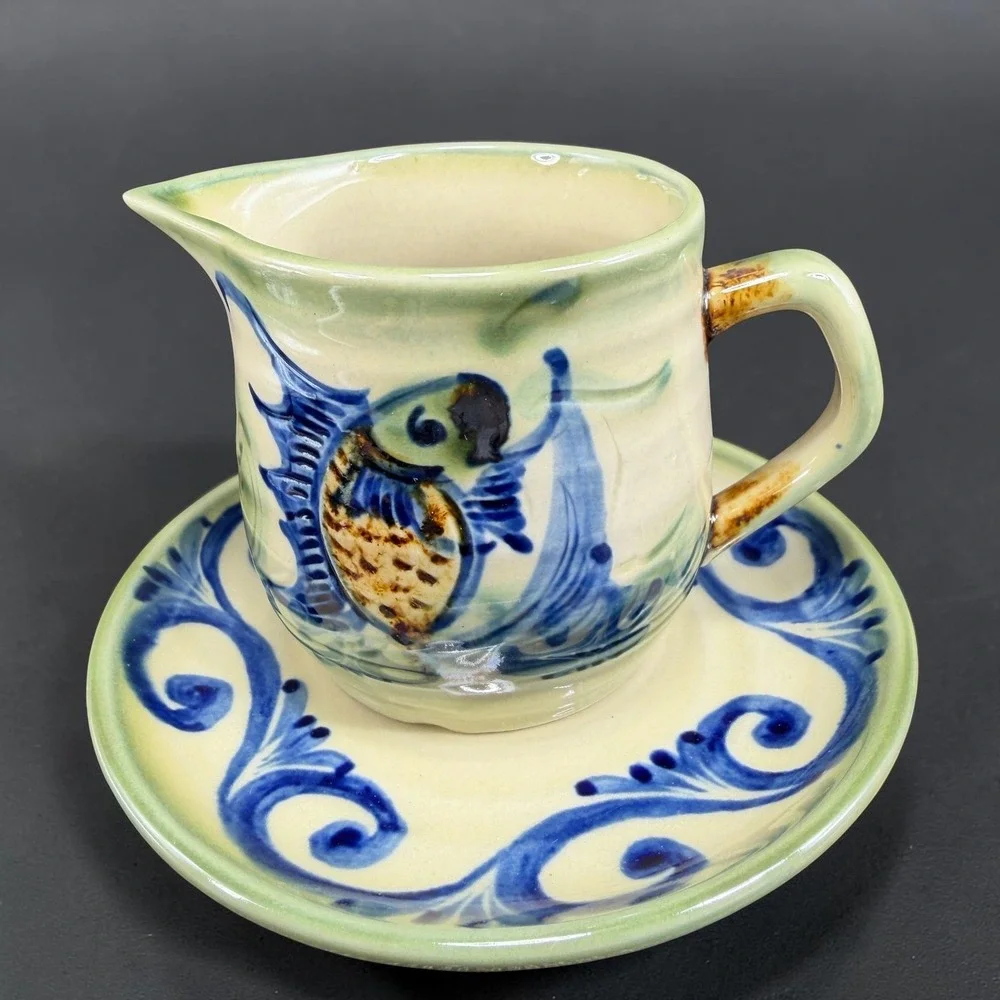 Tsuboya Ware Yachimun Japanese Pottery Creamer and Saucer Set Fish Design 3in